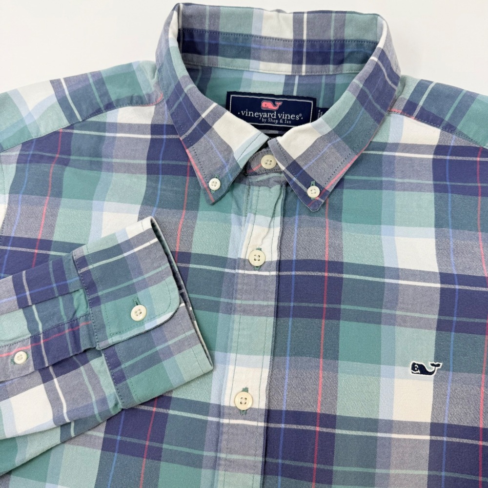 Vineyard Vines Mens Large Classic Fit Whale Shirt Blue Green Plaid Button Down